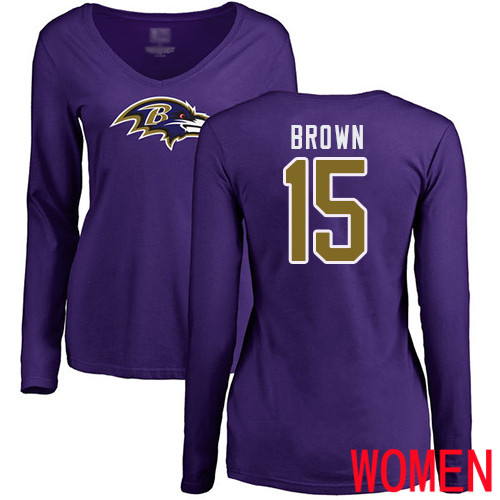 Baltimore Ravens Purple Women Marquise Brown Name and Number Logo NFL Football #15 Long Sleeve T Shirt